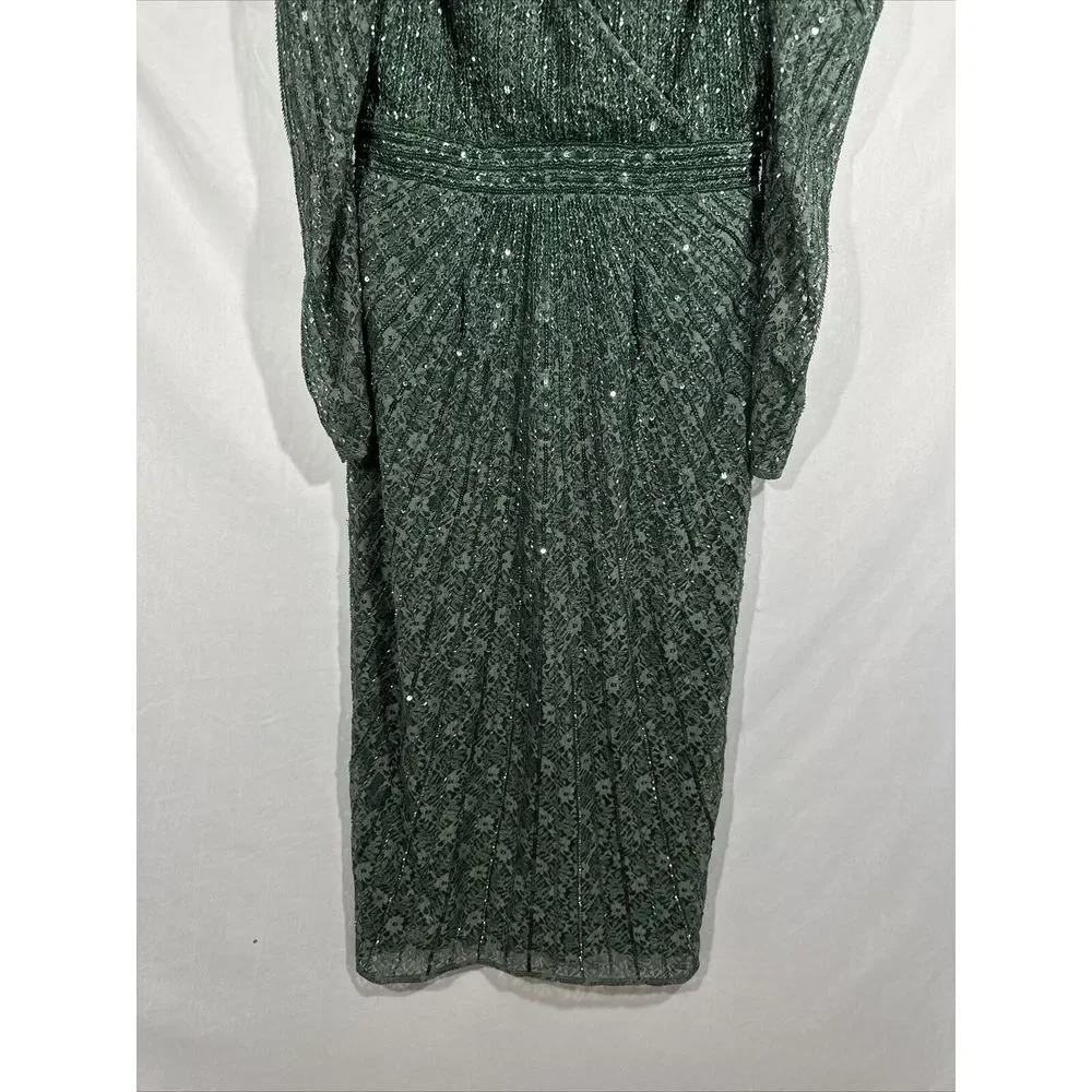 NWT $538 Mac Duggal [ 8 ] 93676 Beaded Lace‎ Long Sleeve Midi Dress Deep Green